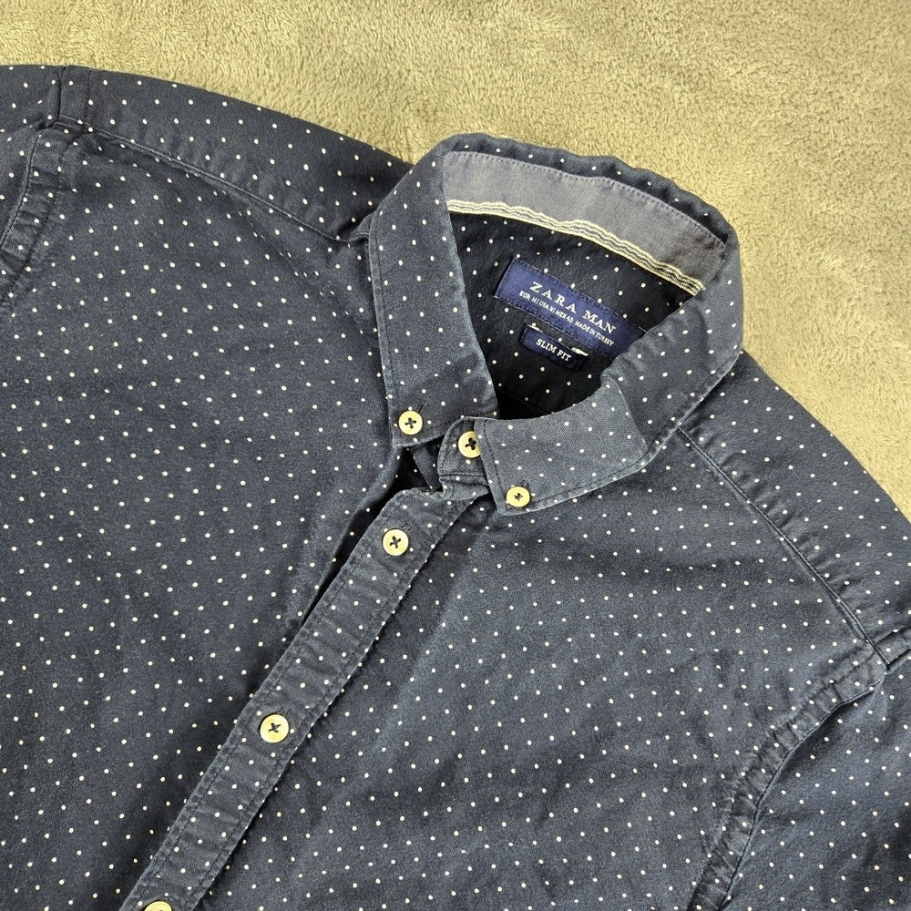 Zara Shirt Mens Medium Navy Blue Polka Dots Slim‎ Fit White Contrast Buttons